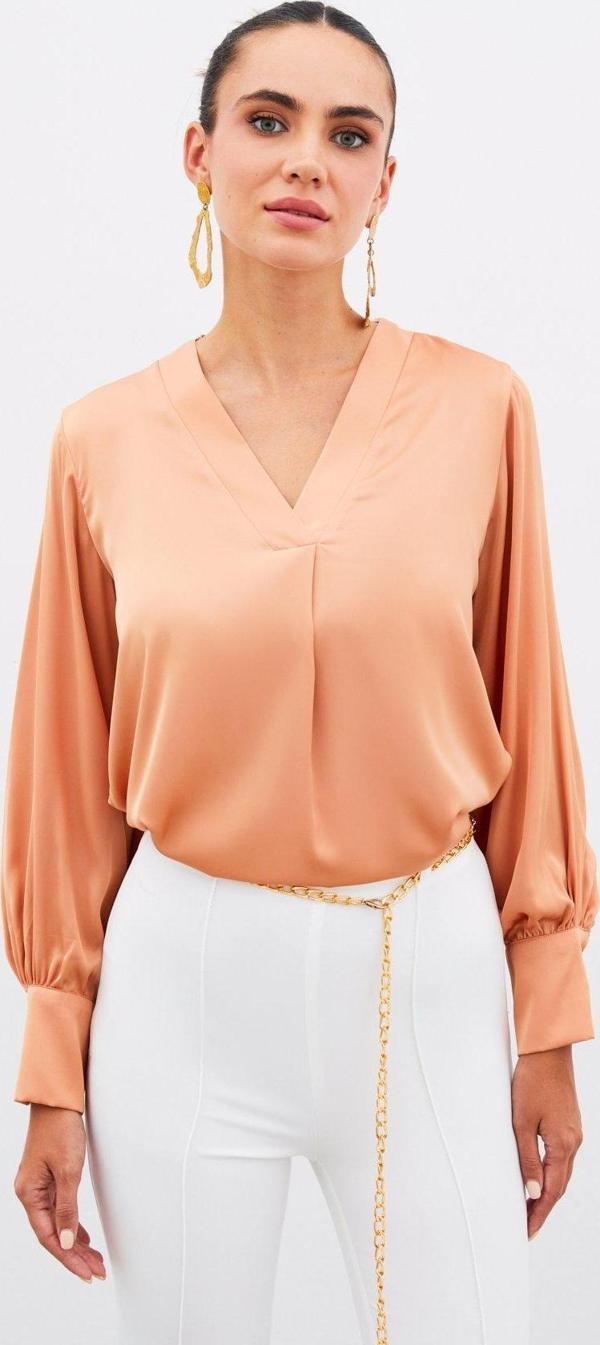 V Yaka Saten Bluz - Somon - Image 1