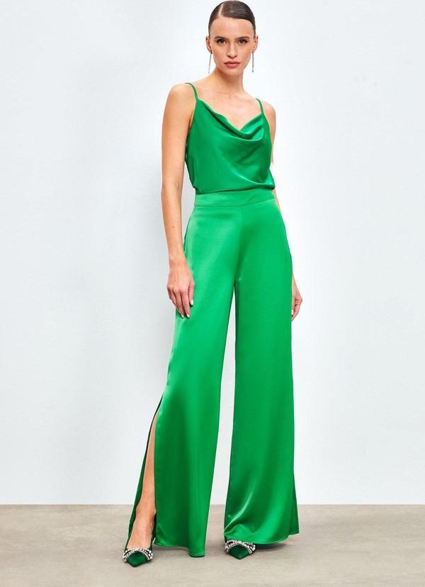 Yırtmaç Detaylı Saten Pantolon - Yeşil - Image 1