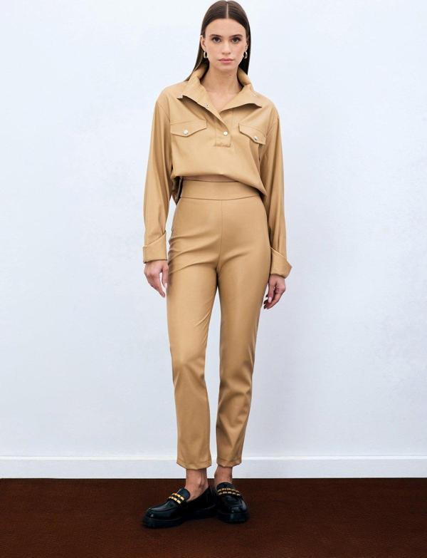 Yüksek Bel Deri Pantolon - Bej - Image 1