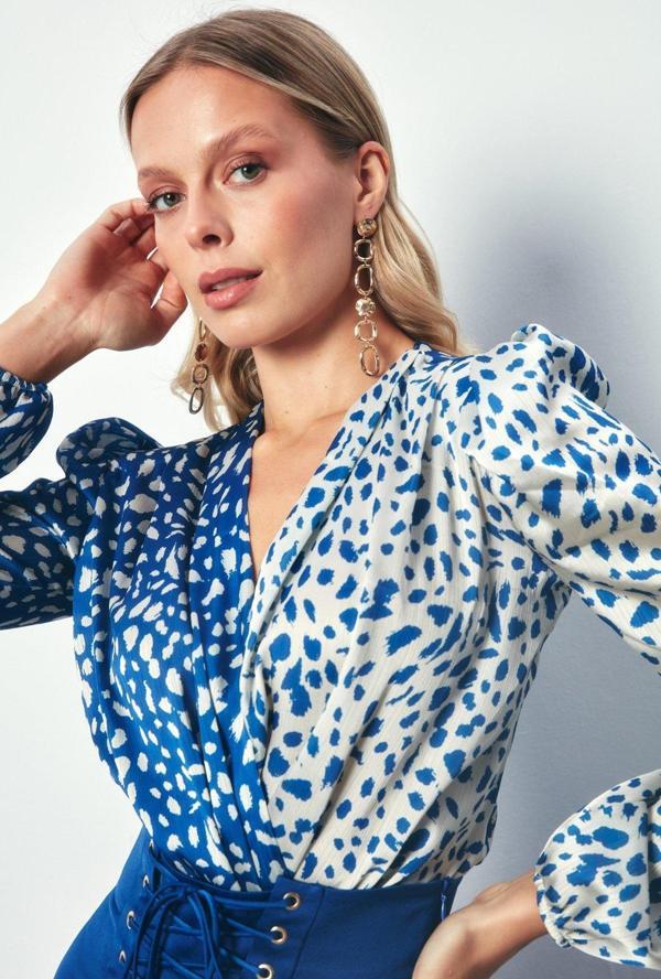 Kruvaze Desenli Bodysuit - Ekru-Lacivert - Image 1