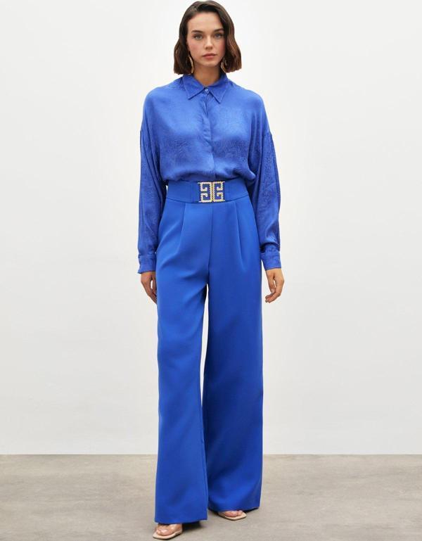 Bel Aksesuarlı Bol Paça Pantolon - Sax Mavi - Image 1