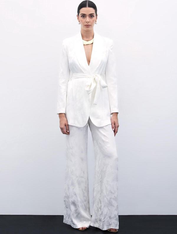 Jakarlı Bol Paça Pantolon - Ekru - Image 1