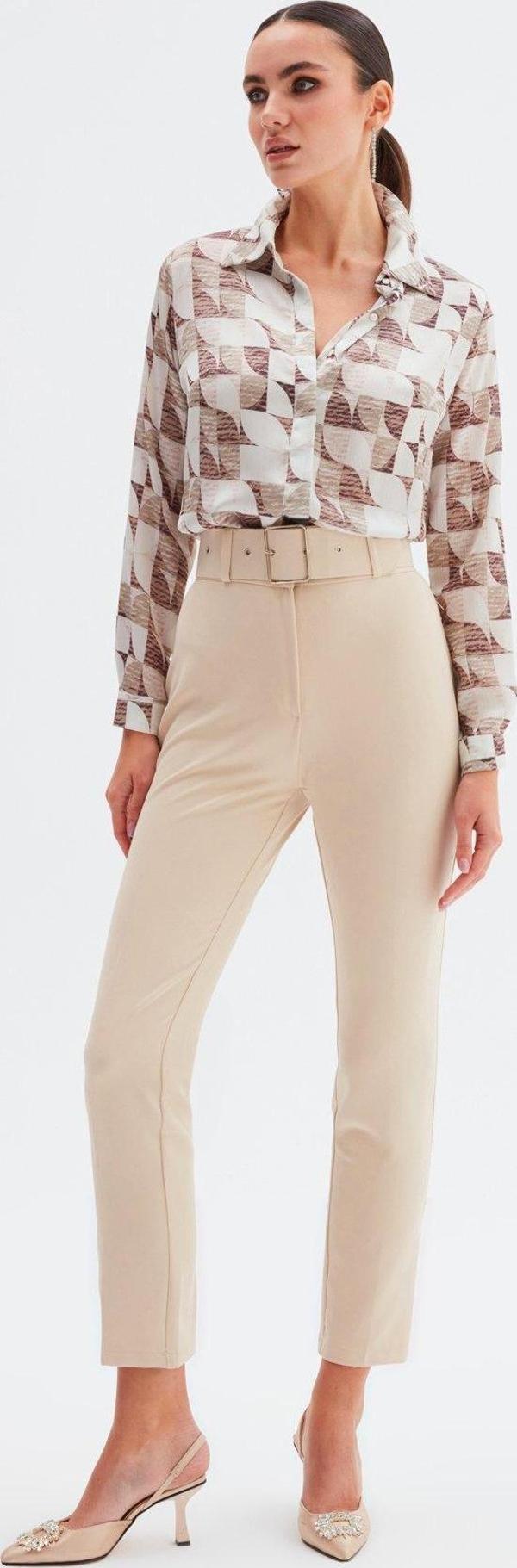 Yüksek Bel Kemerli Pantolon - Bej - Image 1