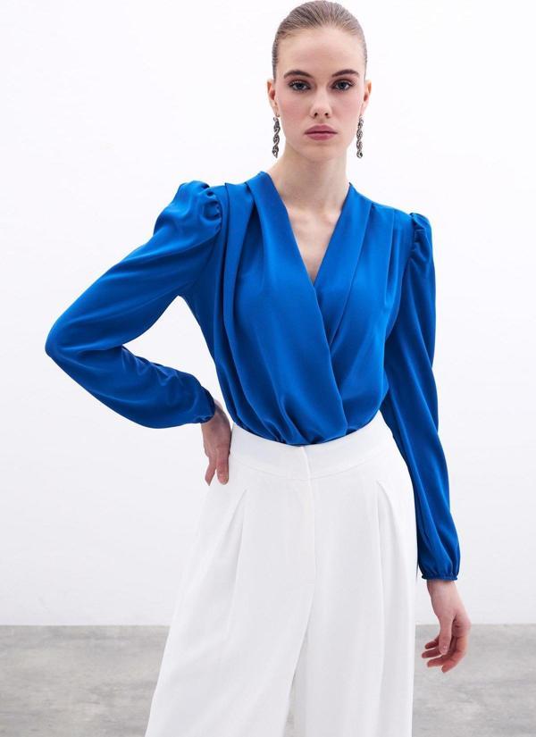 Kruvaze Vatkalı Bodysuit - Sax Mavi - Image 1