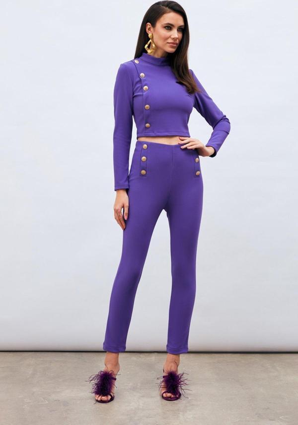 Düğme Detaylı Pantolon - Mor - Image 1