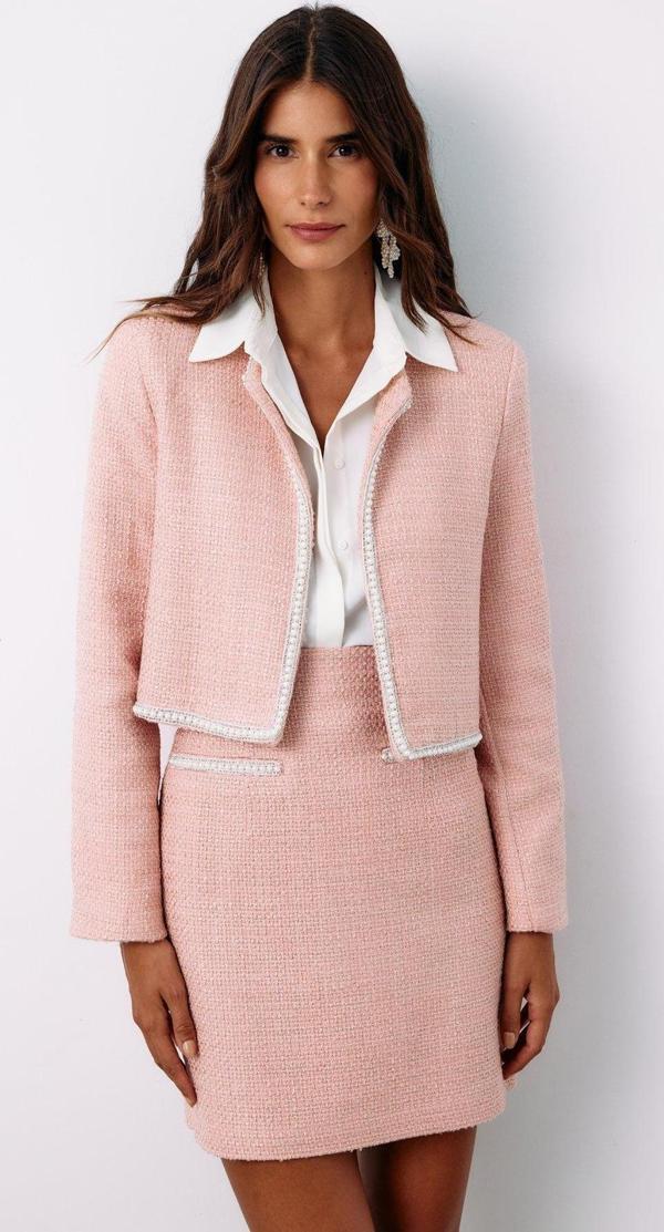Aksesuar Detaylı Tüvit Ceket - Pudra - Image 1
