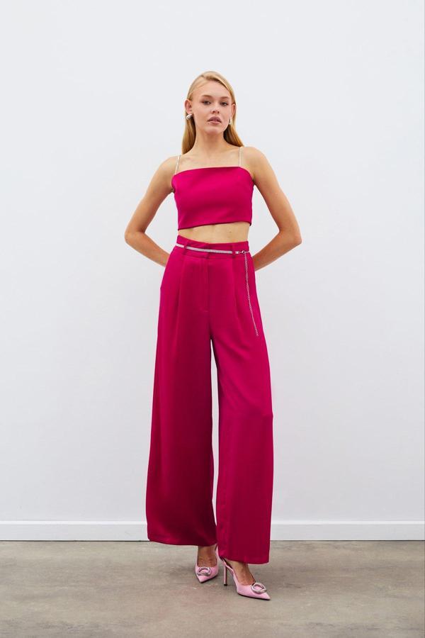 Taş Kemerli Saten Pantolon - Mercan - Image 1