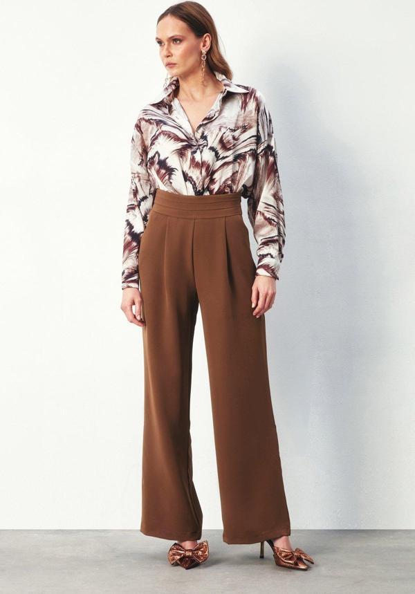Bel Detaylı Cepli Pantolon - Kahve - Image 1