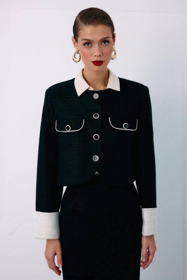 Kontrast Kısa Tüvit Ceket - Siyah - Image 1