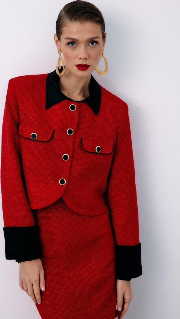 Kontrast Kısa Tüvit Ceket - Kırmızı - Image 1