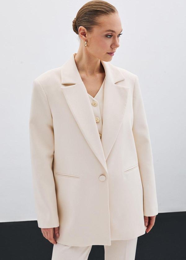 Ön Tek Düğmeli Uzun Ceket - Bej - Image 1