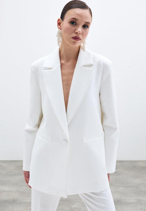 Ön Tek Düğmeli Uzun Ceket - Ekru - Image 1