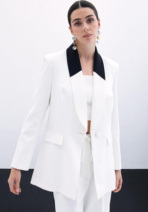 Kontrast Uzun Ceket - Ekru - Image 1