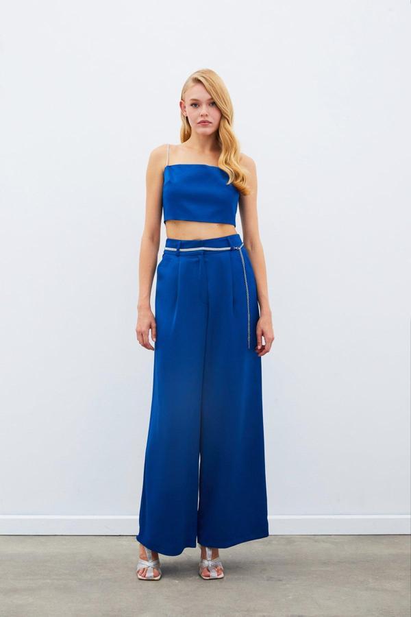Taş Kemerli Saten Pantolon - Mavi - Image 1
