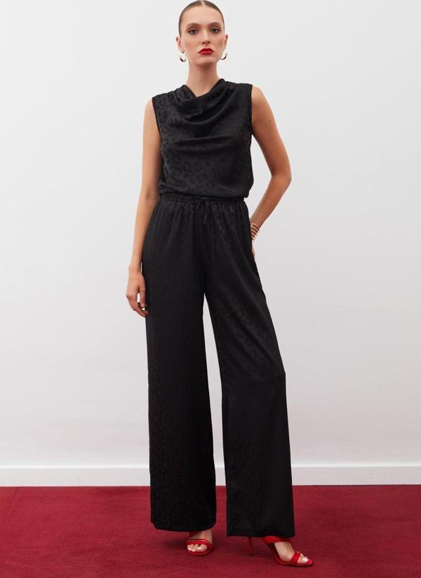 Bel Lastikli Desenli Pantolon - Siyah - Image 1