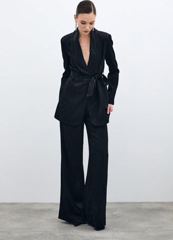 Yüksek Bel Desenli Pantolon - Siyah - Image 1