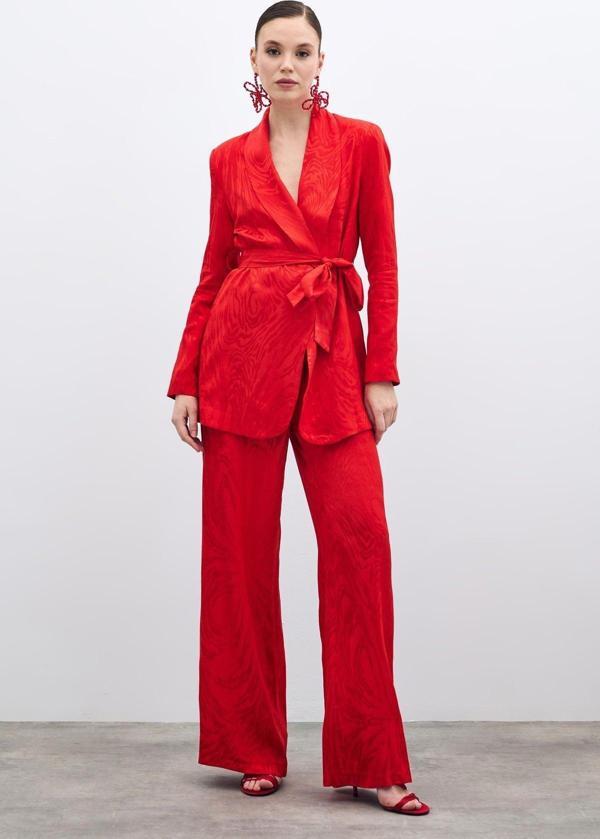 Yüksek Bel Desenli Pantolon - Kırmızı - Image 1