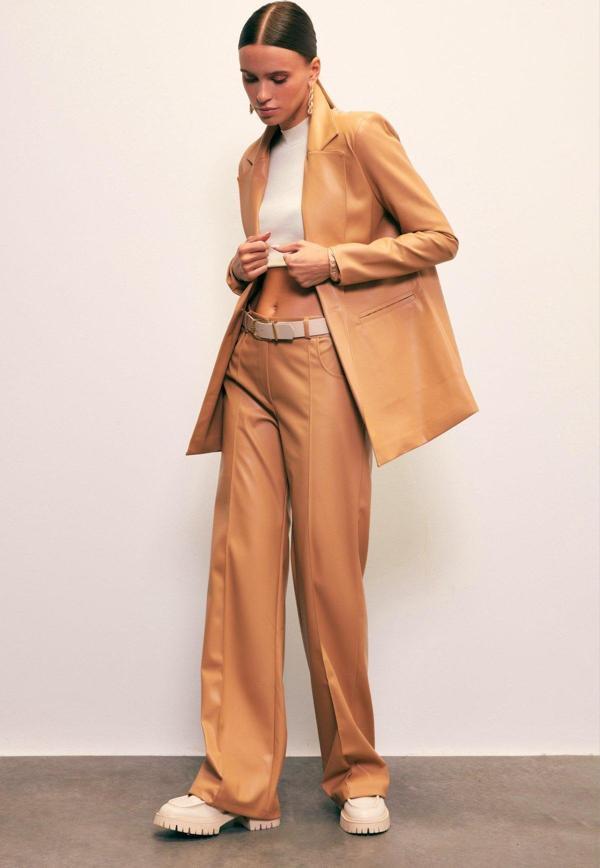 Nervür Detaylı Deri Pantolon - Fındık - Image 1