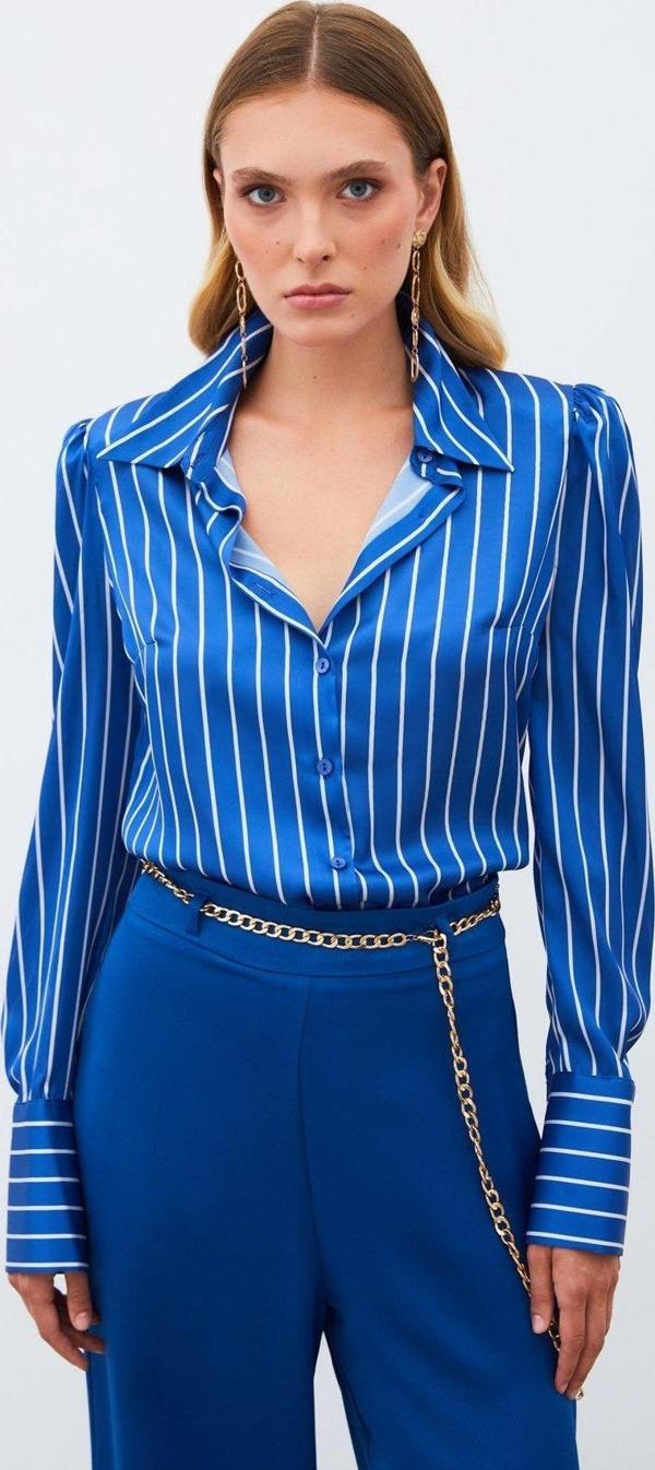 Vatkalı Çizgili Gömlek - Sax Mavi - Image 1