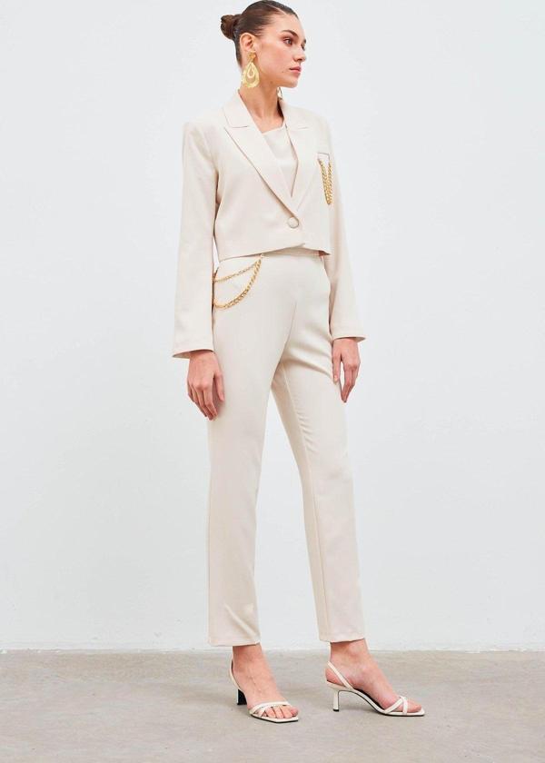 Zincir Aksesuarlı Pantolon - Bej - Image 1