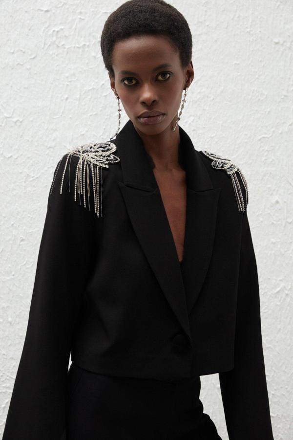 Omuz Aksesuarlı Kısa Ceket - Siyah - Image 1