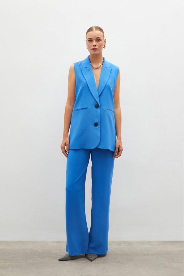 Pileli Krep Pantolon - Mavi - Image 1