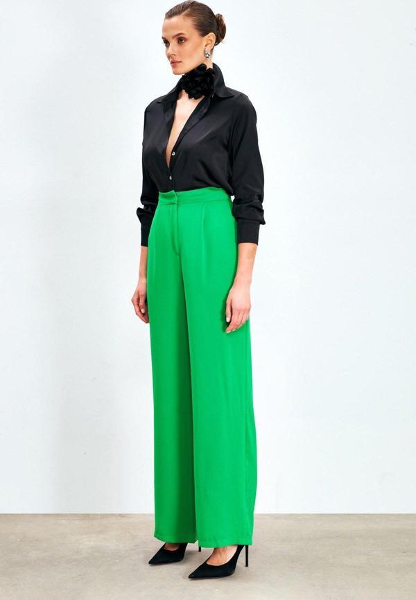 Pileli Krep Pantolon - Yeşil - Image 1