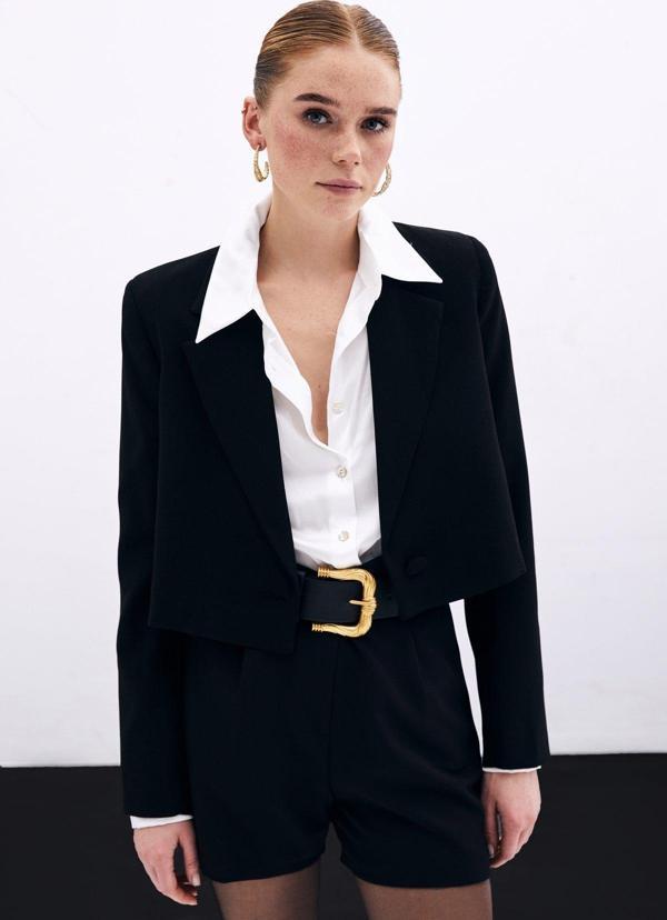 Kısa Krep Ceket - Siyah - Image 1