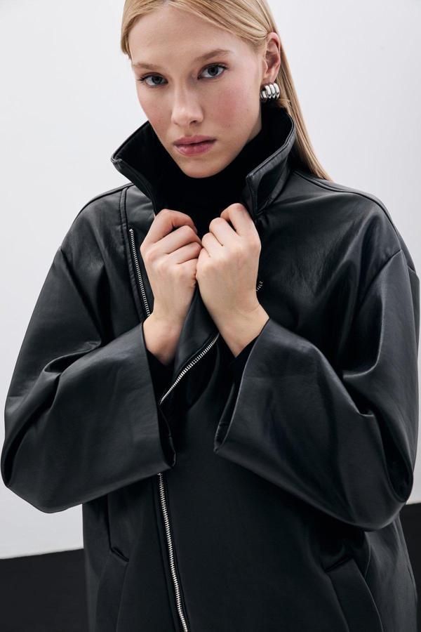 Oversize Deri Ceket - Siyah - Image 1