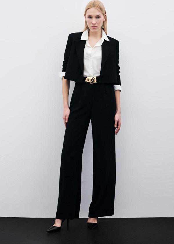 Pileli Krep Pantolon - Siyah - Image 1