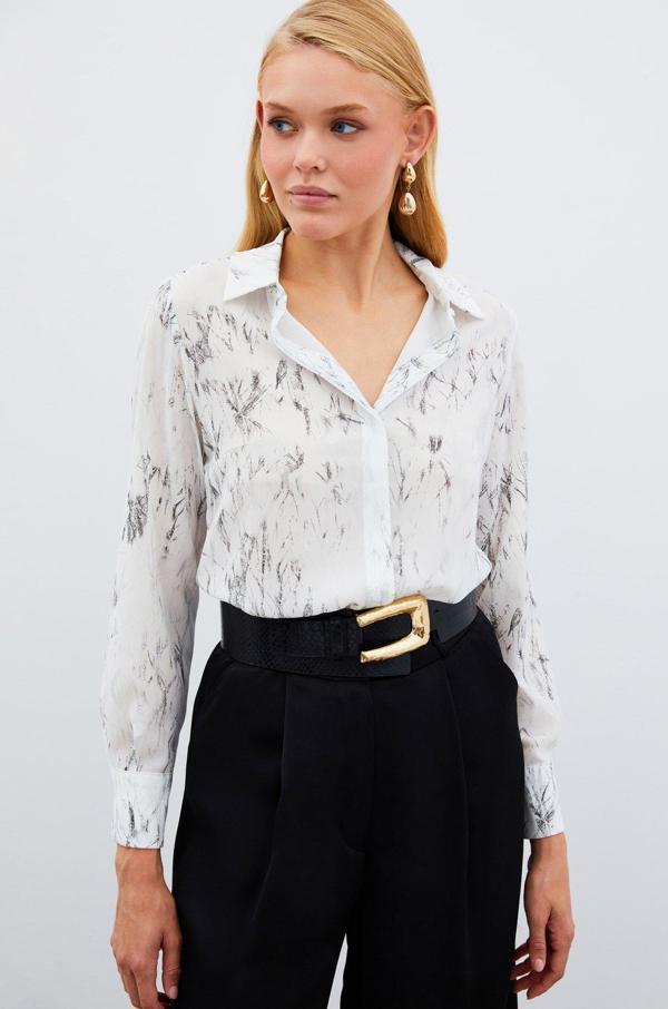 Parlak Desenli Gömlek - Ekru-Gümüş - Image 1