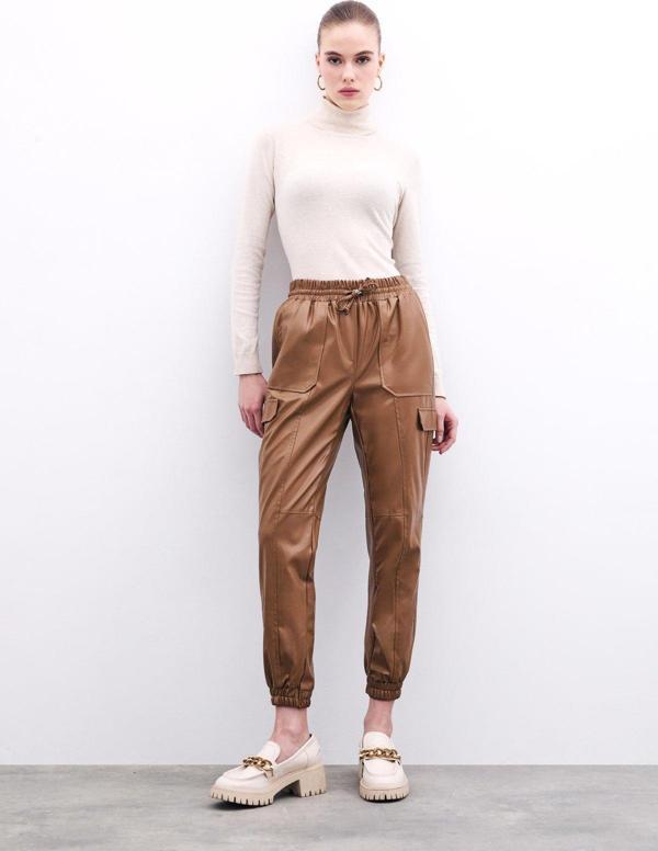 Deri Jogger Pantolon - Bej - Image 1