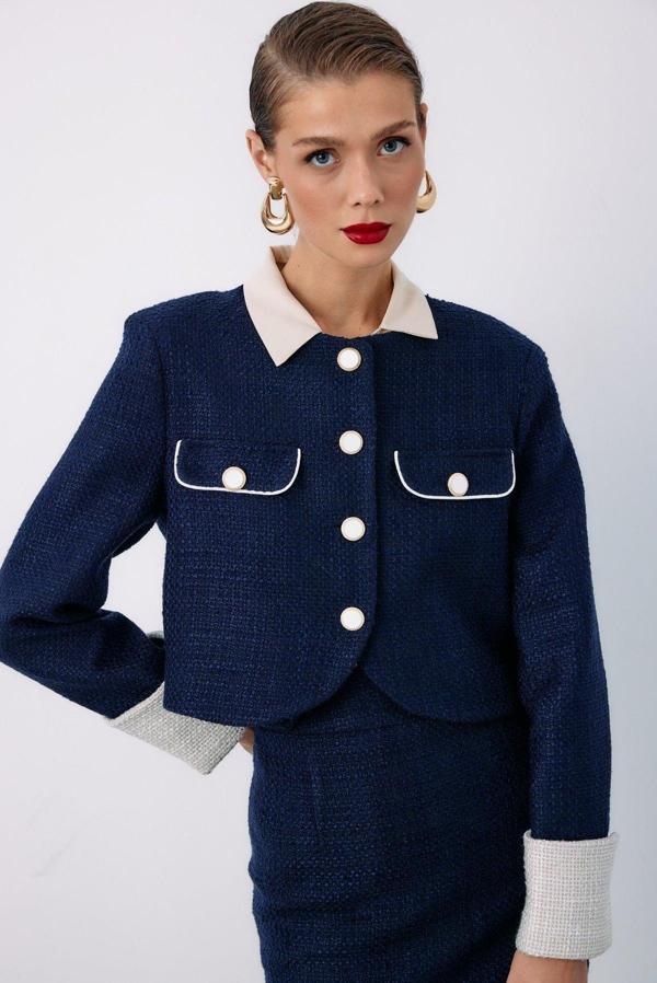 Kontrast Kısa Tüvit Ceket - Lacivert - Image 1