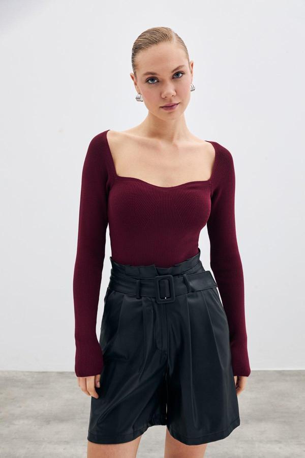 Kalp Yaka Triko Bluz - Bordo - Image 1