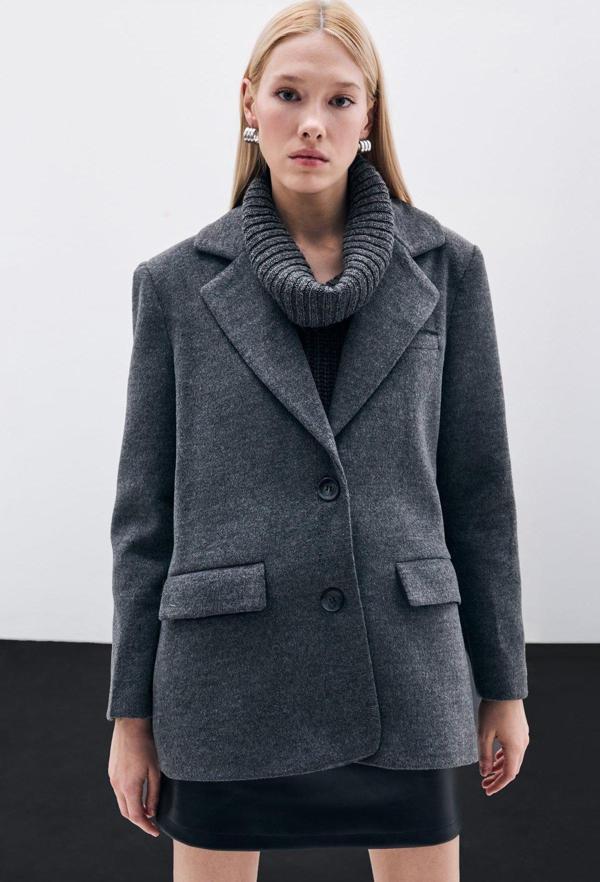 Düğmeli Kaşe Ceket - Siyah - Image 1