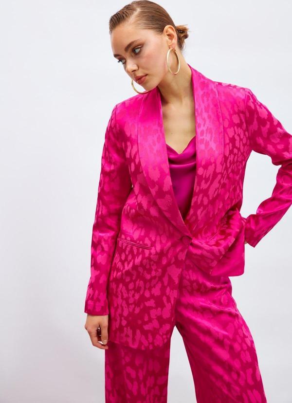 Geniş Desenli Saten Ceket - Fuşya - Image 1