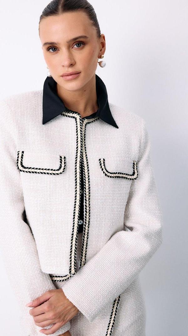 Bisiklet Yaka Kısa Ceket - Taş - Image 1