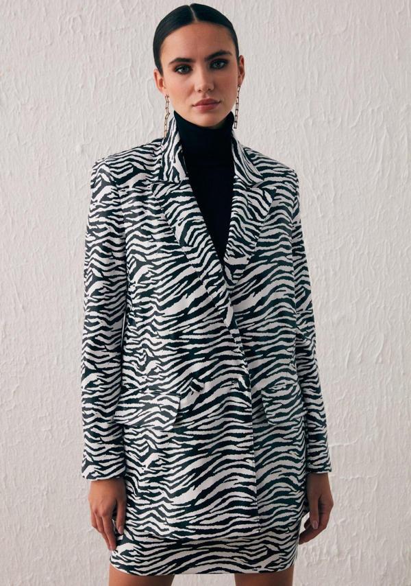 Zebra Desenli Deri Ceket - Ekru - Image 1