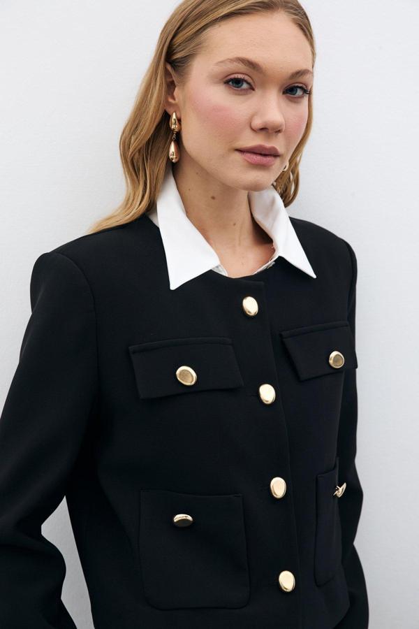 Düğmeli Kısa Ceket - Siyah - Image 1