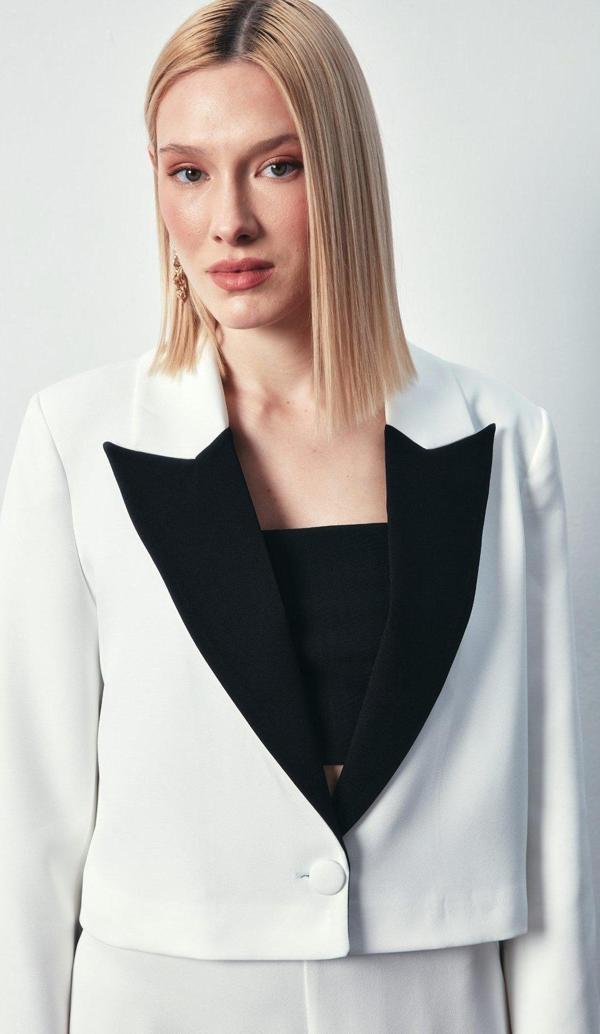 Kontrast Kısa Ceket - Ekru - Image 1