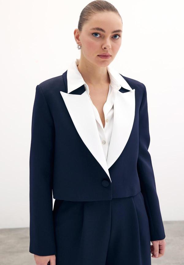 Kontrast Kısa Ceket - Lacivert - Image 1