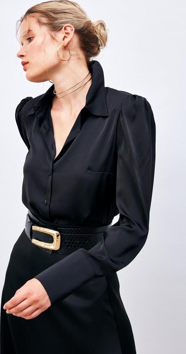 Vatkalı Saten Gömlek - Siyah - Image 1