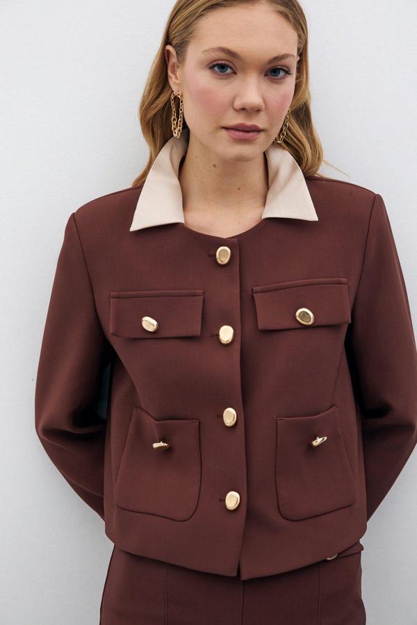Düğmeli Kısa Ceket - Kahve - Image 1