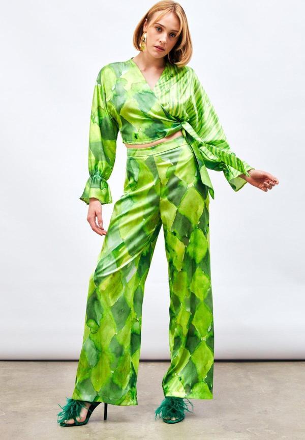 Yüksek Bel Desenli Pantolon - Yeşil - Image 1