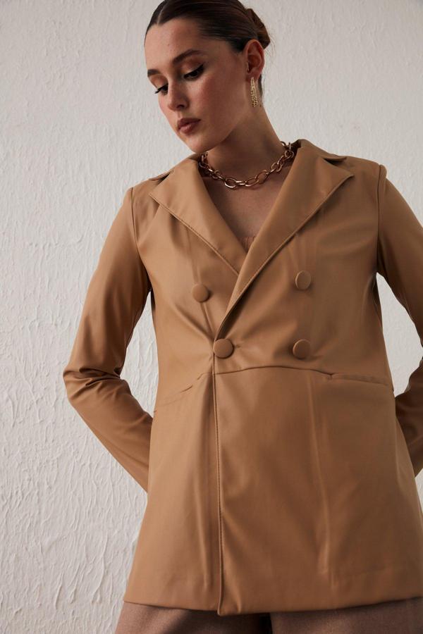 Düğme Detaylı Kruvaze Deri Ceket - Bej - Image 1