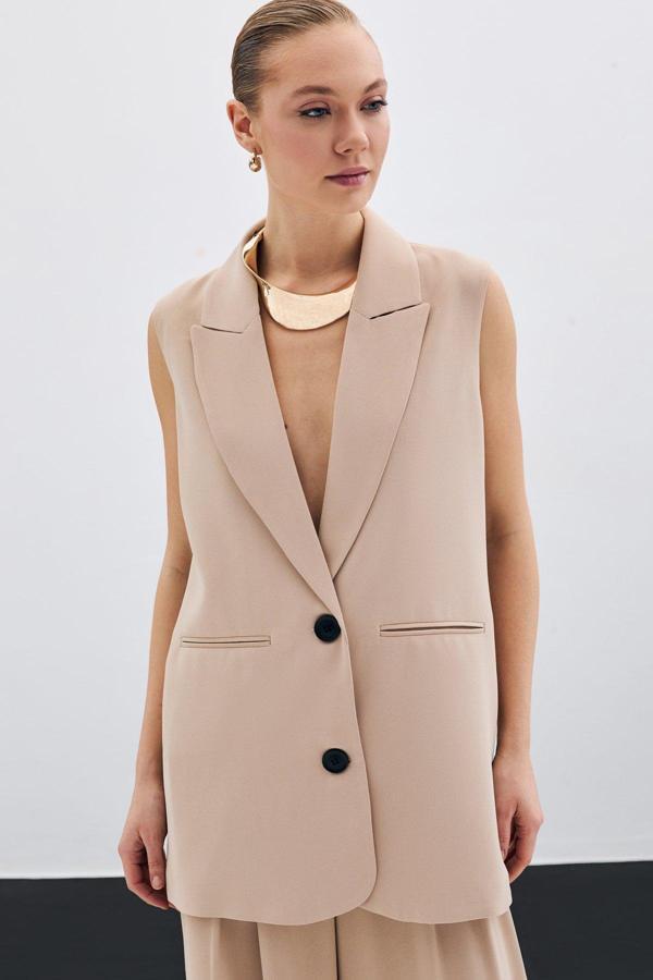 Düğme Detaylı Salaş Yelek - Bej - Image 1