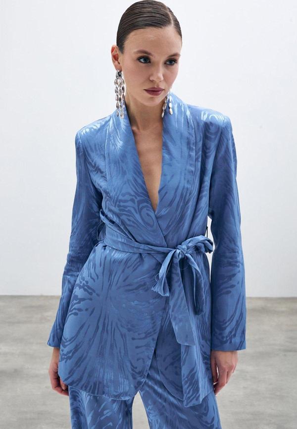 Kuşaklı Desenli Uzun Ceket - İndigo - Image 1