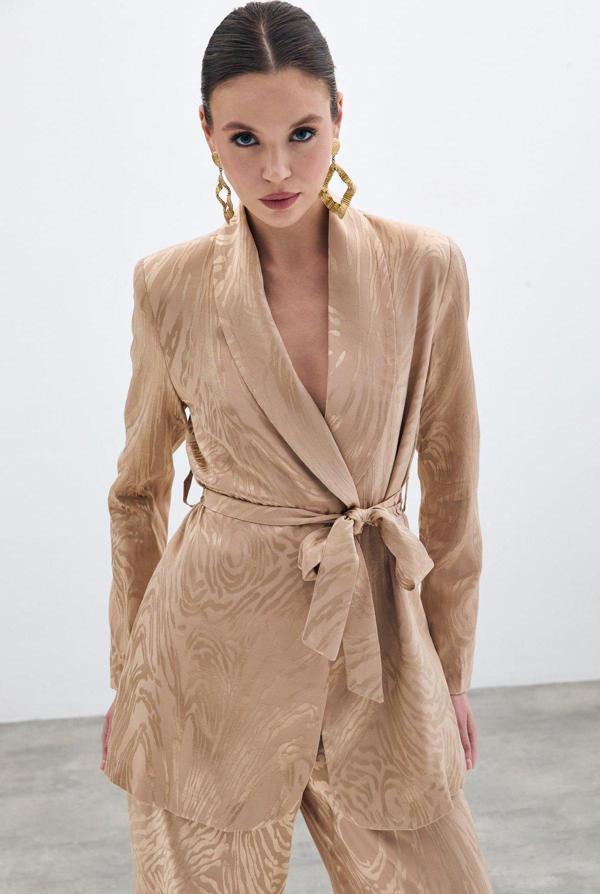 Kuşaklı Desenli Uzun Ceket - Vizon - Image 1