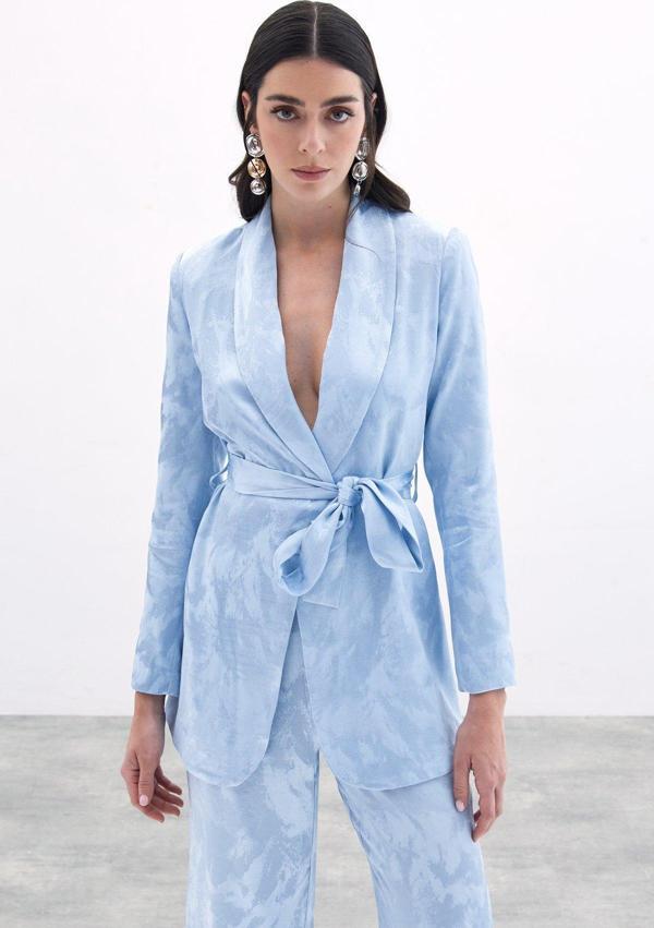 Bağlamalı Jakarlı Ceket - Bebe Mavi - Image 1