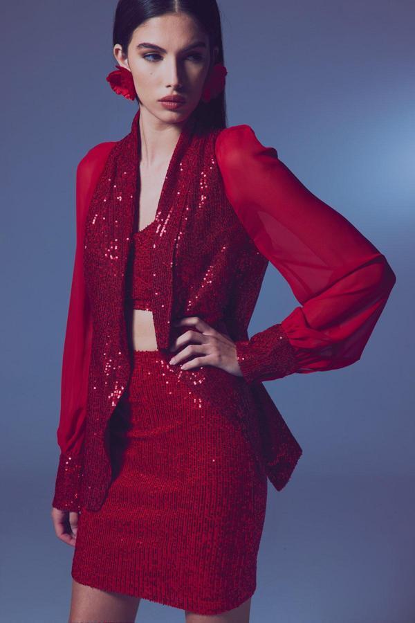 Şifon Kollu Payet Ceket - Kırmızı - Image 1